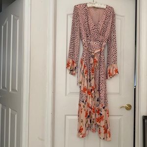 Asos dark pink wrap midi dress in mixed print